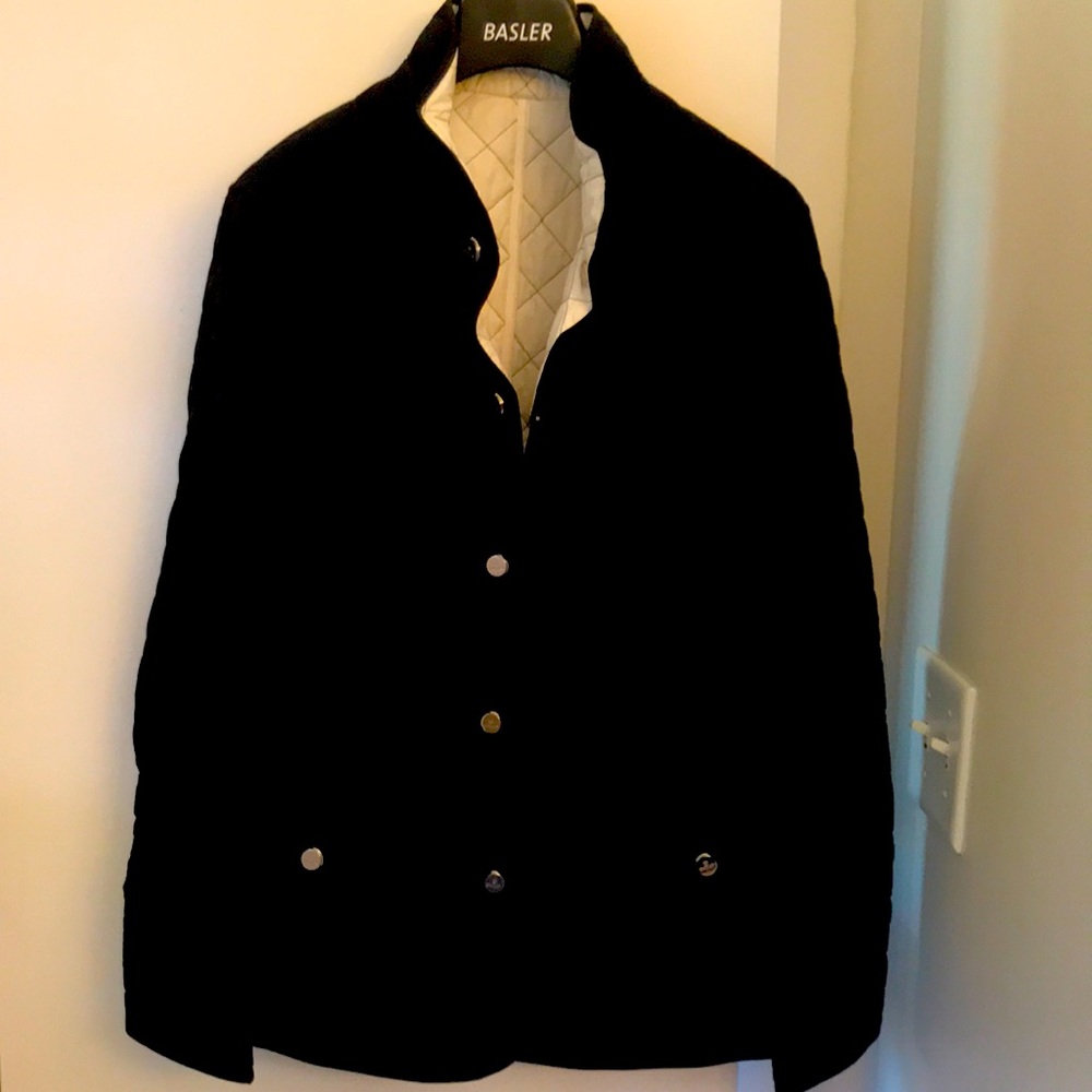Navy and white quilted Basler jacket.